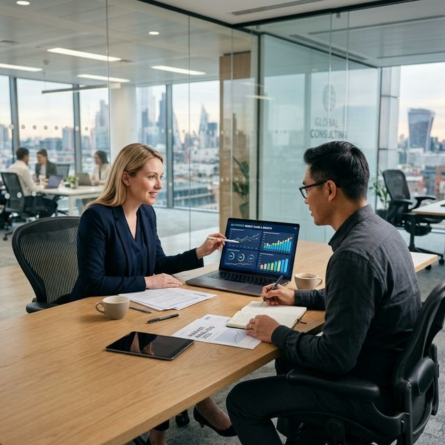 Une consultante accompagne un collaborateur lors d'un entretien en bureau